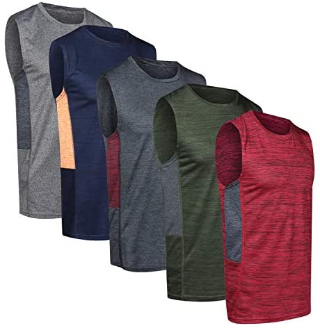 5 Pack: Men's Dry-Fit Active Athletic Tech Tank Top - Workout & Training Activewear: Clothing