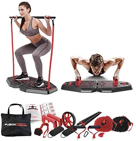 Fusion Motion Portable Gym with 8 Accessories Including Heavy Resistance Bands, Tricep Bar, Ab Roller Wheel, Pulleys and More - Full Body Workout Home Exercise Equipment to Build Muscle and Burn Fat : Sports & Outdoors