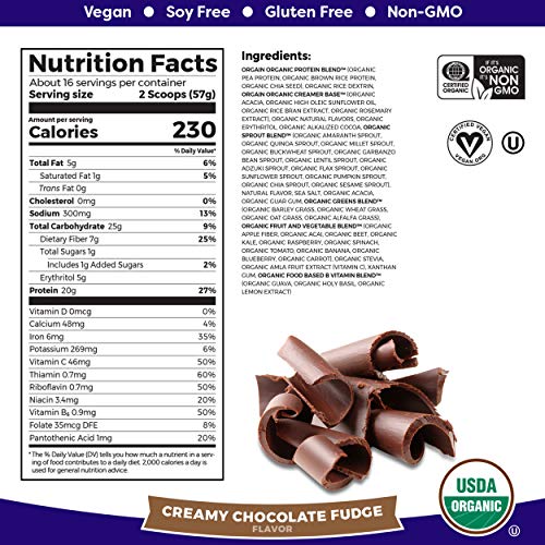 Orgain Organic Plant Based Meal Replacement Powder, Creamy Chocolate Fudge - 20g Protein, Vegan, Dairy Free, Gluten Free, Lactose Free, Kosher, Non-GMO, 2.01 Pound (Packaging May Vary) : Sports & Outdoors